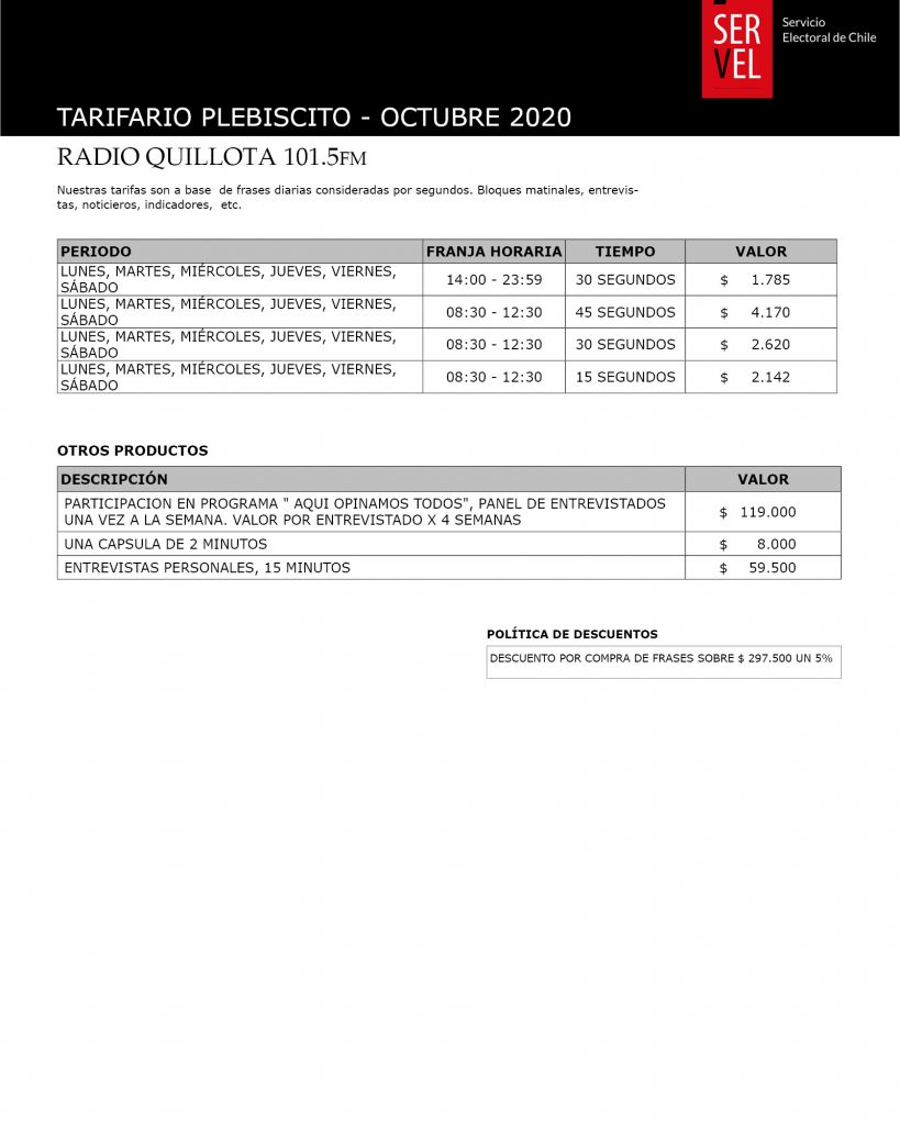 tarifario plebiscito radio quillota El Observador
