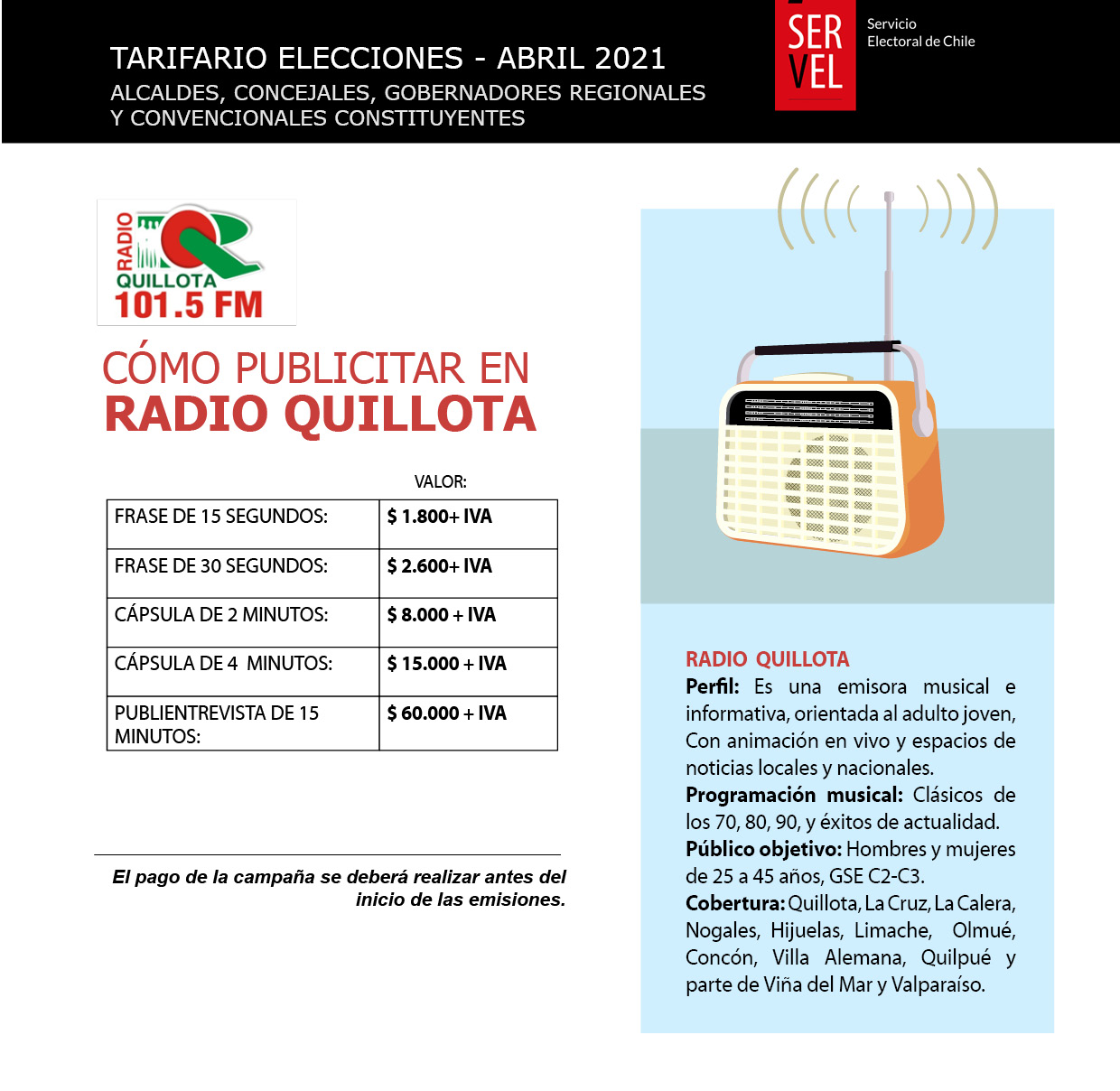 TARIFAS RADIO QUILLOTA El Observador