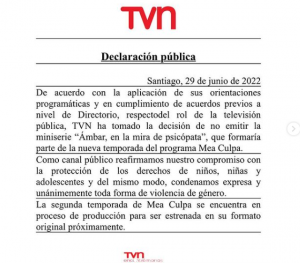 Declaración pública de TVN sobre decisión de no emitir la miniserie sobre Ámbar Cornejo 