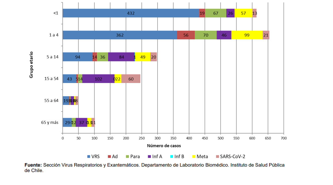 Gráfico del Minsal que indica el alza de virus sincicial en infantes, el cual es mayor al covid-19