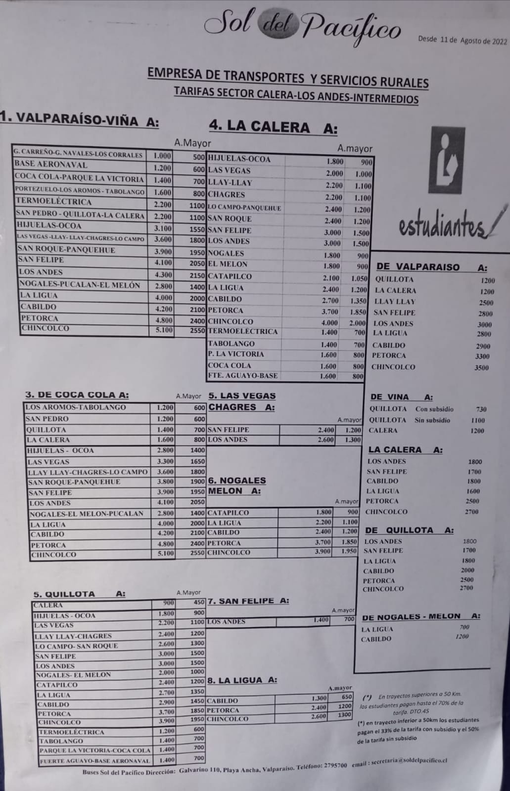 Alza de pasajes de buses Sol del Pacífico que afectará a usuarios de Quillota, La Calera, Viña del Mar, Valparaíso, Limache, Hijuelas, Concón, San Felipe, Cabildo, Los Andes, La Ligua, Llay Llay, Petorca y Zapallar