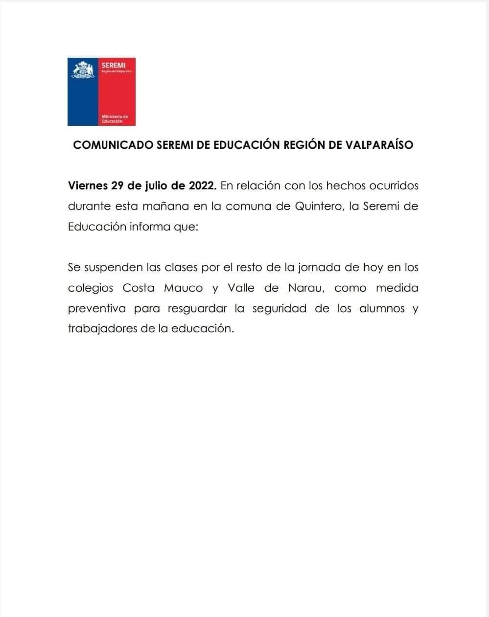 Suspenden clases en dos colegios de Quintero este viernes 29 de julio de 2022