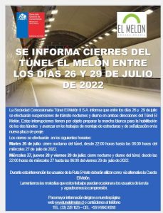 Suspenden el tránsito por el túnel el melón desde el martes 26 de julio de 2022