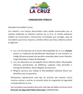 comunicado por estafas presenciales a adultos mayores en la cruz
