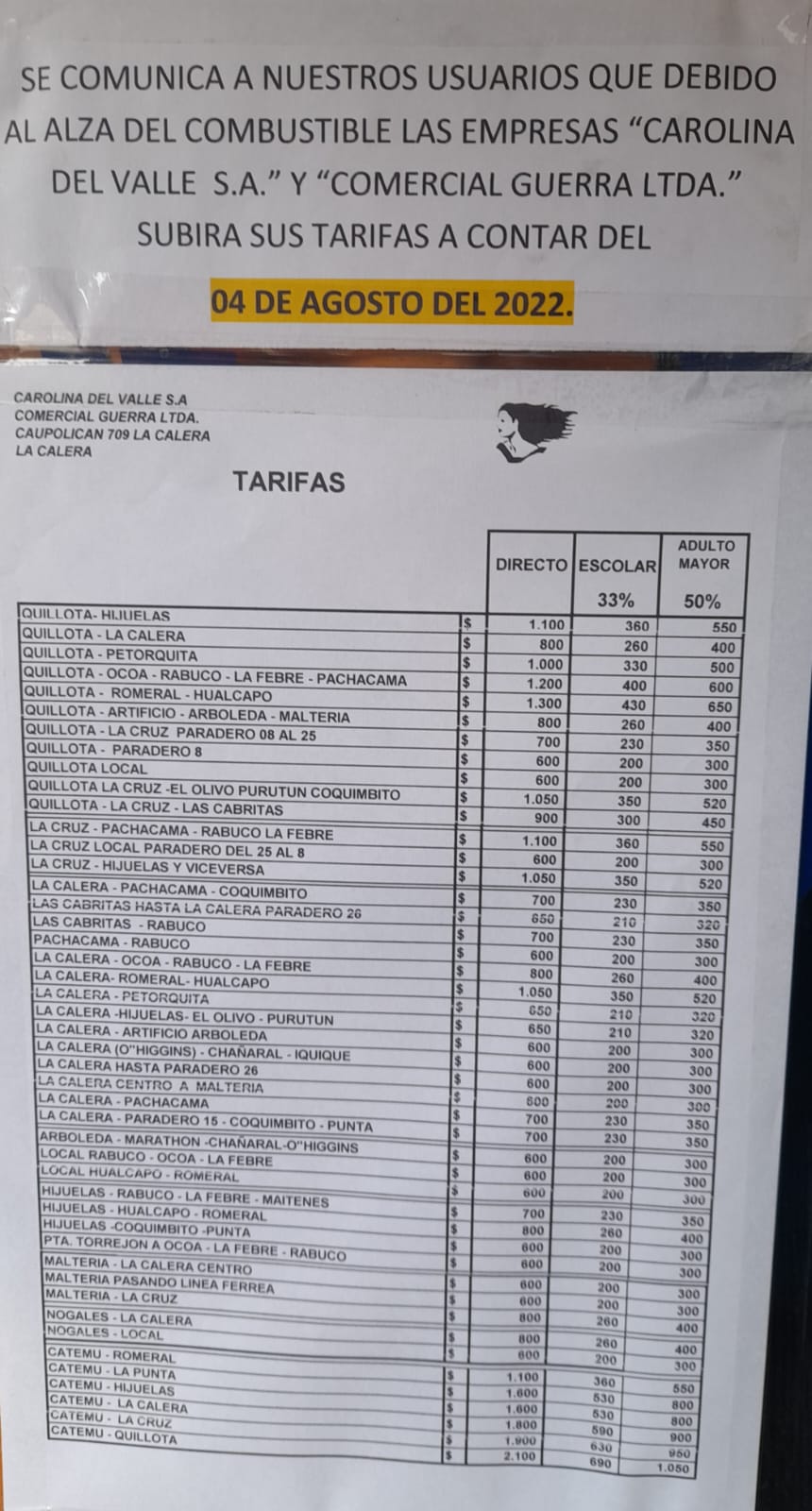 nuevas tarifas de pasaje de micros de Quillota, La Cruz, La Calera, Hijuelas, Nogales y Catemu