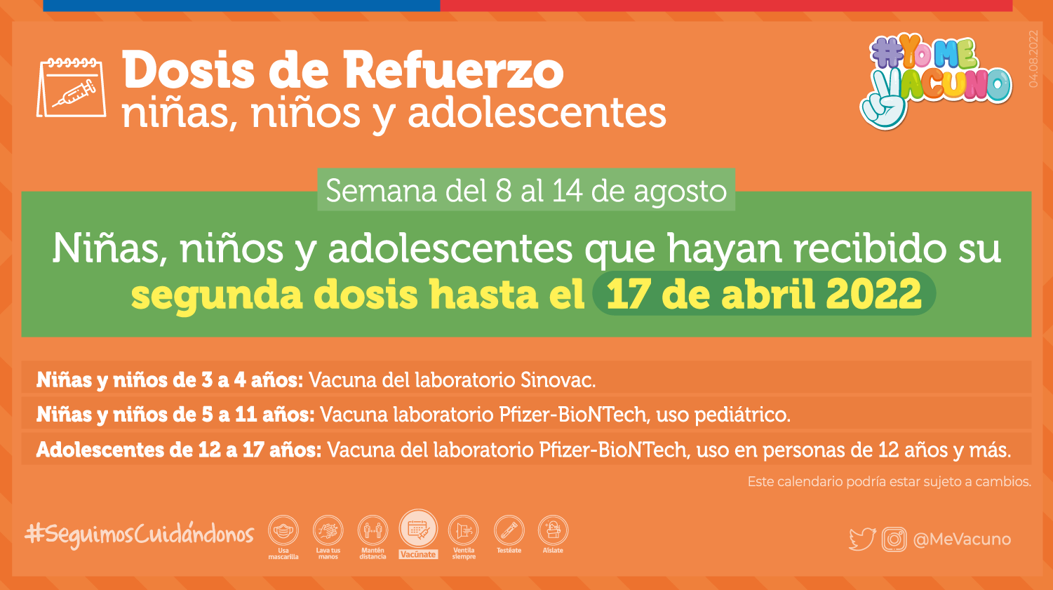 Calendario de vacunación Covid del 8 al 14 de agosto Dosis de Refuerzo niños, niñas y adolescentes