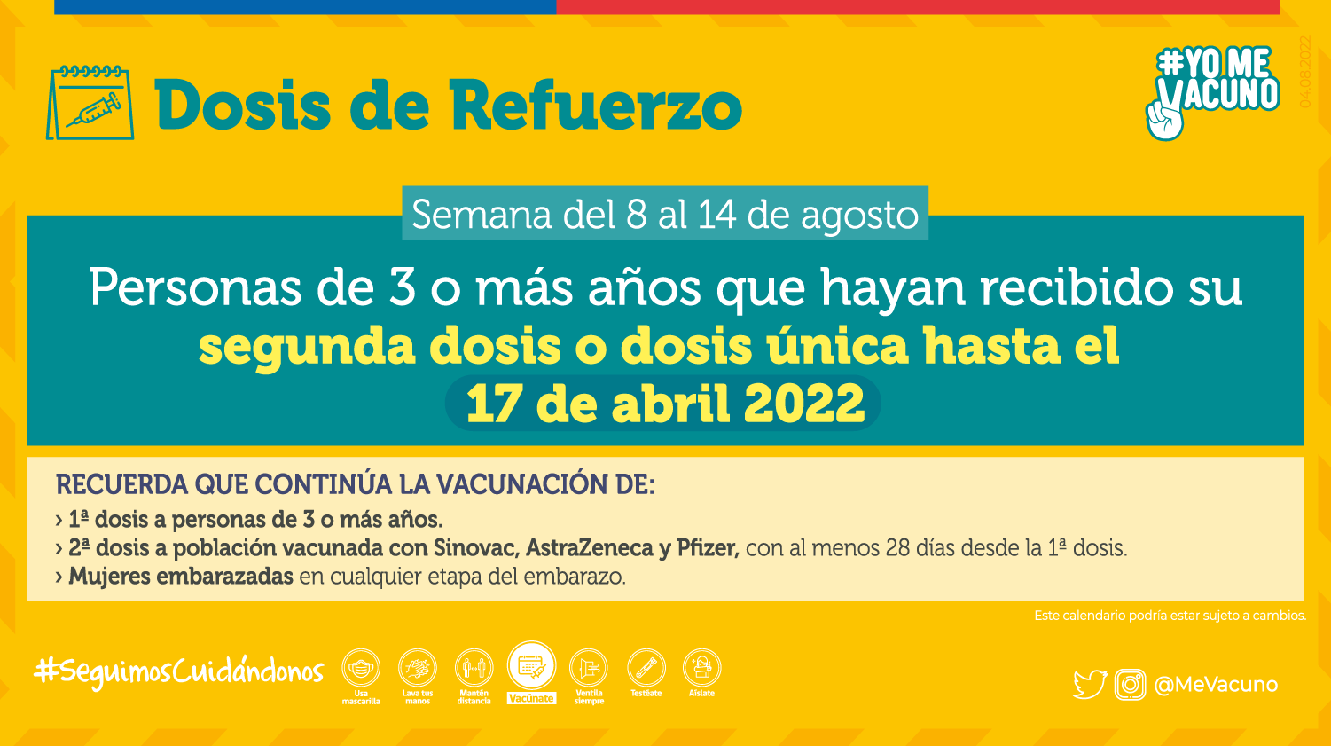 Calendario de vacunación Covid del 8 al 14 de agosto Dosis de Refuerzo