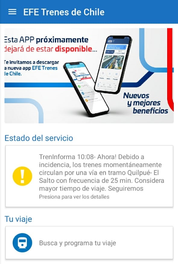 EFE Trenes informa por app la interrupción de servicio por tren que desrieló entre Quilpué y El Salto este 12 de agosto de 2022