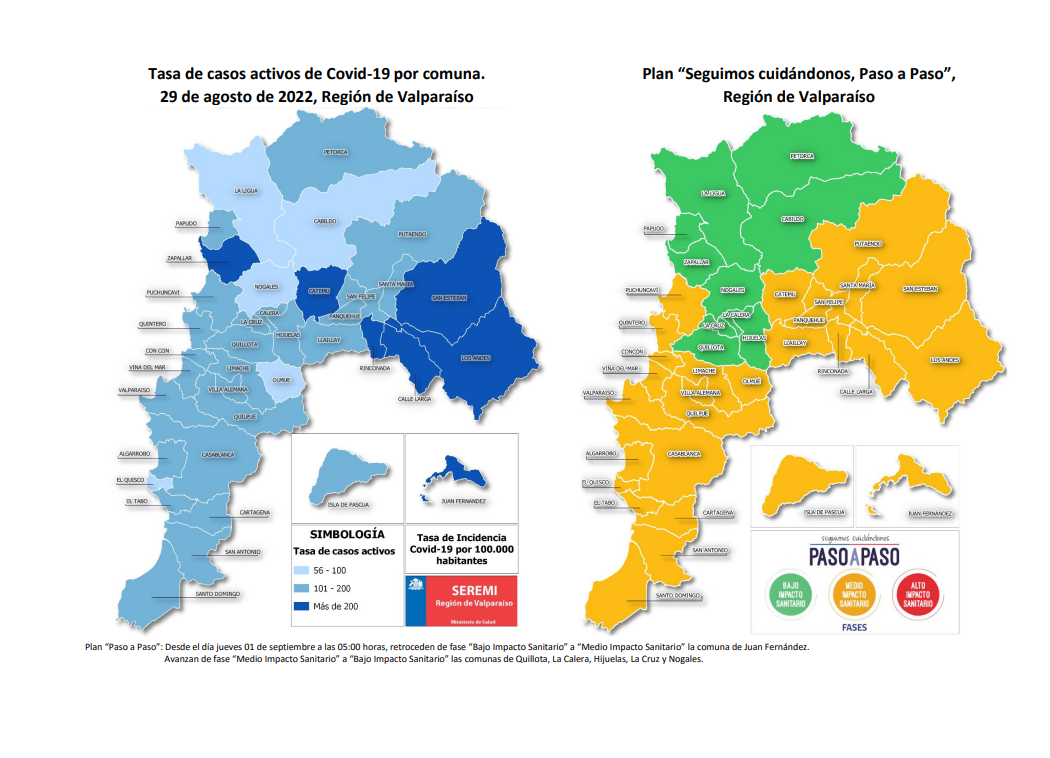 Fases en que están las comunas de la Región de Valparaíso desde el jueves 01 de septiembre de 2022