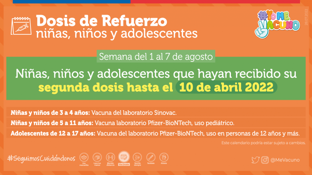 calendario de vacunación covid 1 de agosto al 7 de agosto dosis de refuerzo niños niñas y adolescentes