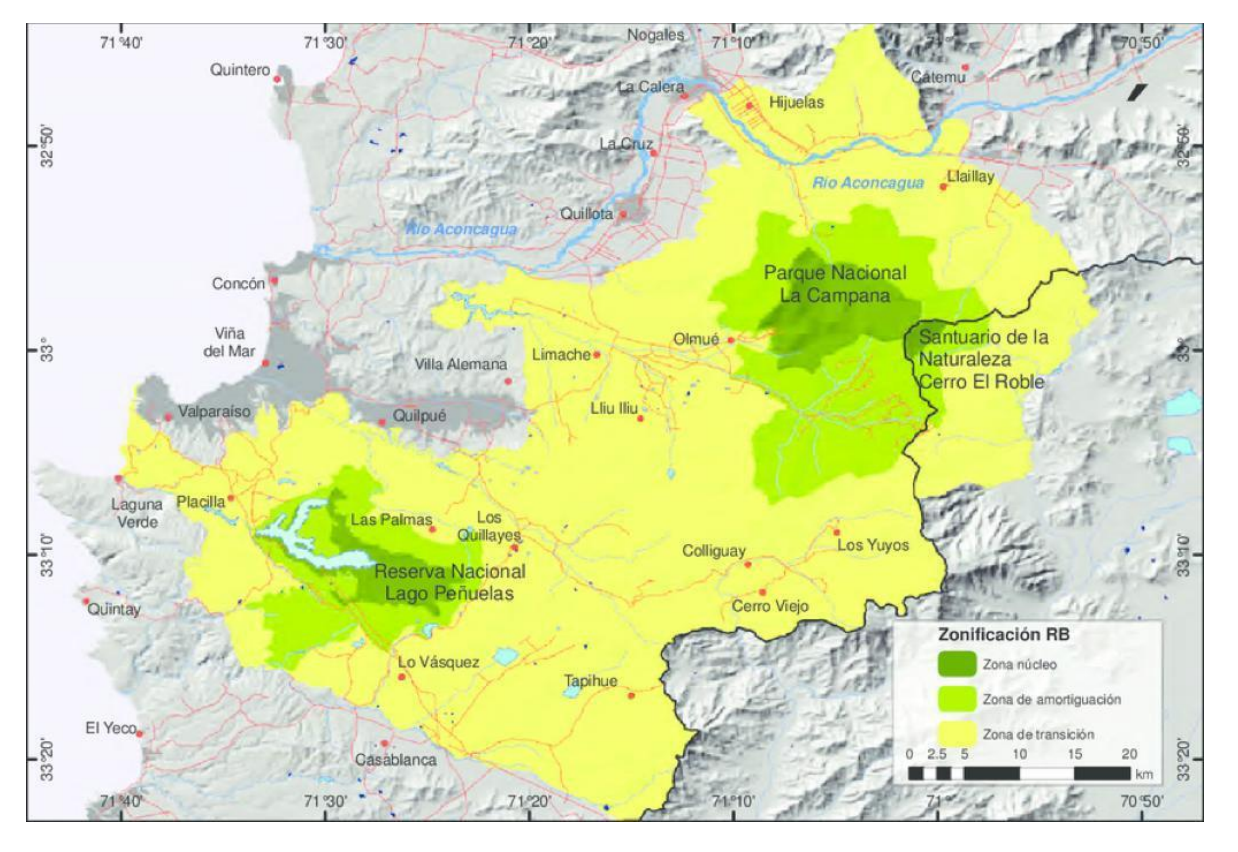 Zona de transición, zona de amortguación y zona núcleo del proyecto de Central Los Rulos en Limache