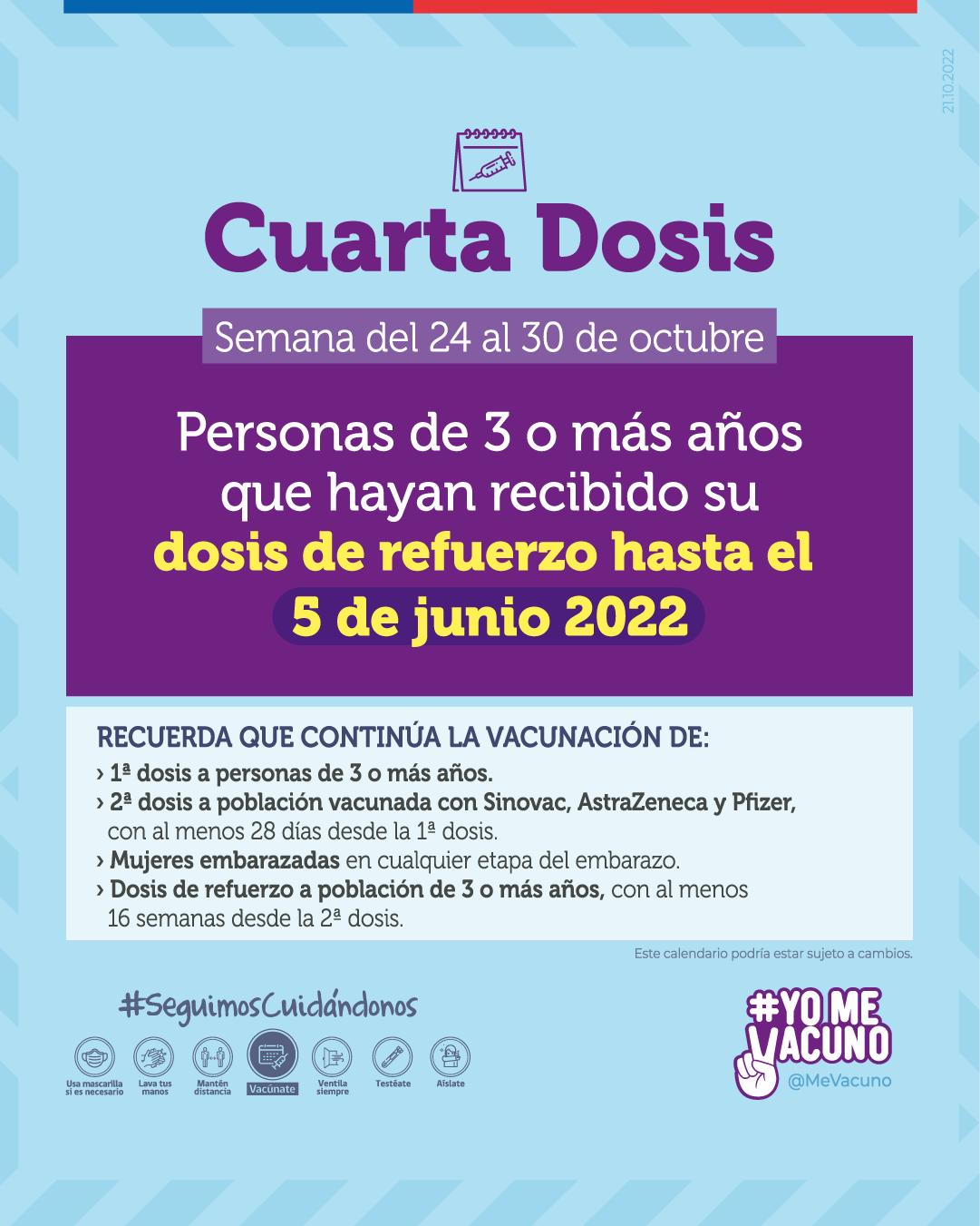 Cuarta dosis según el calendario de vacunación de la semana del 24 al 30 de octubre de 2022