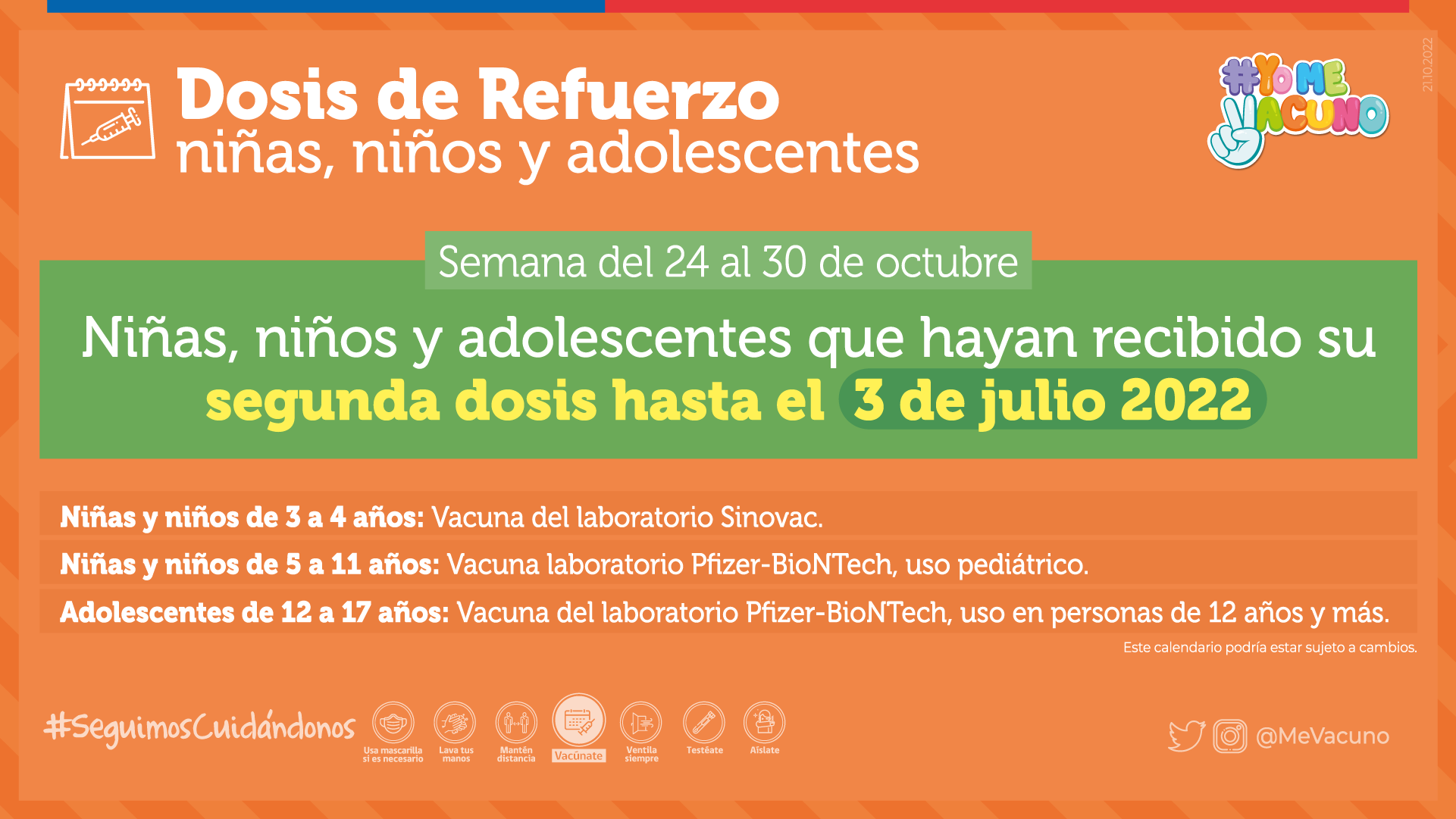 Dosis de refuerzo niños, niñas y adolescentes según el calendario de vacunación de la semana del 24 al 30 de octubre de 2022