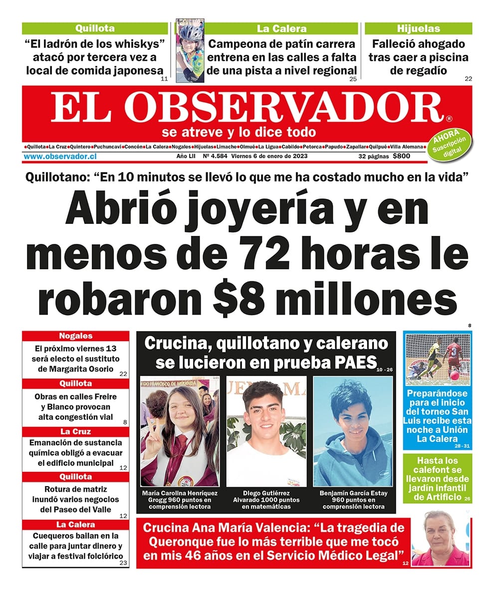 Portada del Diario El Observador del viernes 06 de enero con titular sobre resultados destacados en la PAES en La Cruz, Quillota y La Calera 