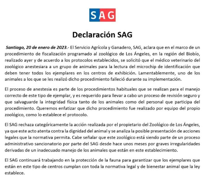 SAG se pronuncia tras protesta con un león muerto frente a la Moneda