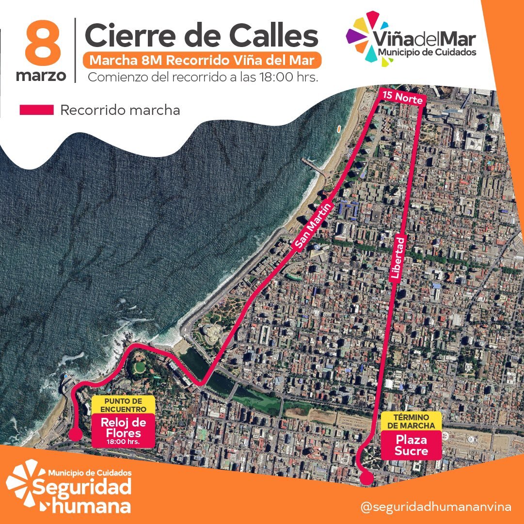 Recorrido y cierre de calles por marcha 8M Día de la Mujer 2023 en Viña del Mar