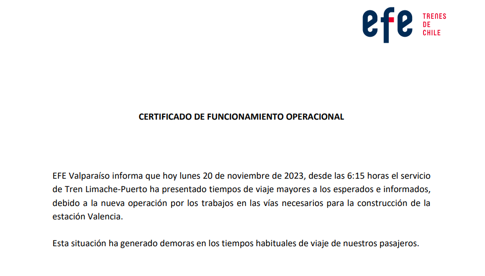Certificado de EFE VALPARAÍSO