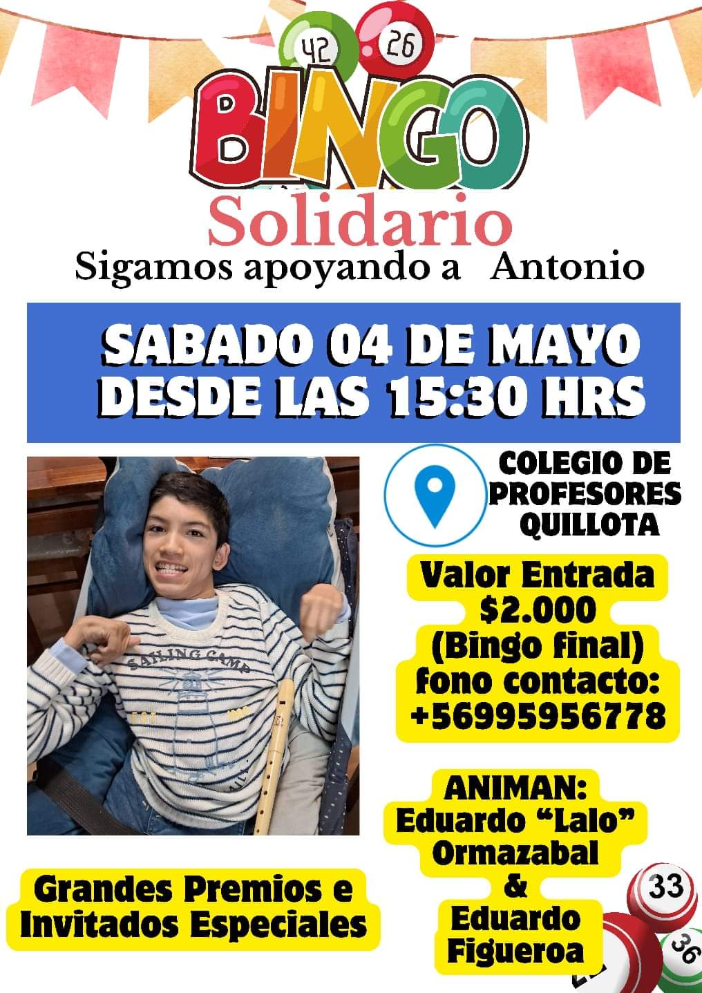 Quillota harán bingo solidario por la operación de Antonio