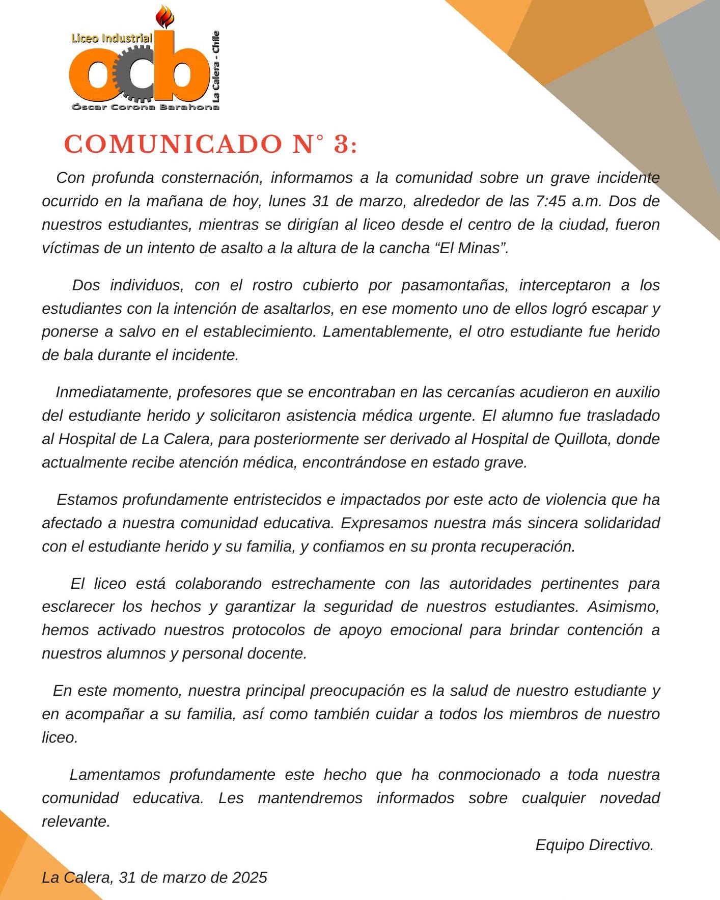 Comunicado público del Liceo Industrial Oscar Corona Barahona