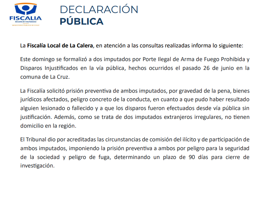 Declaración Fiscalía de La Calera audiencia 29 de junio