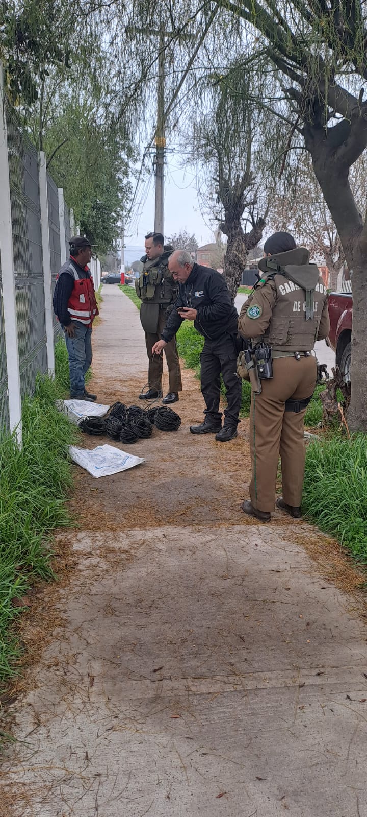Funcionarios de Seguridad Pública y Carabineros revisaron los cables recuperados tras sorprender a un sujeto robando en la vía pública.