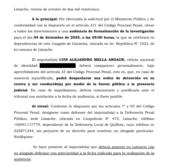 Fija audiencia de formalización de Luis Mella Andaur