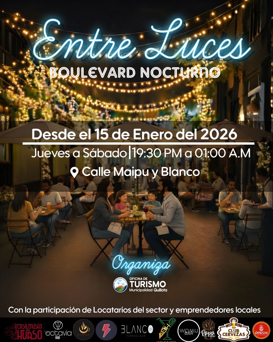 Boulevard Nocturno en Quillota restaurantes, música y luces al aire libre