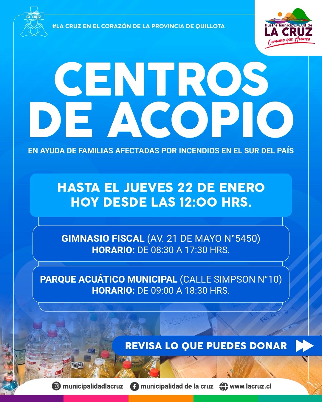 La Cruz habilita centros de acopio para apoyar a familias damnificadas por incendios forestales en el sur