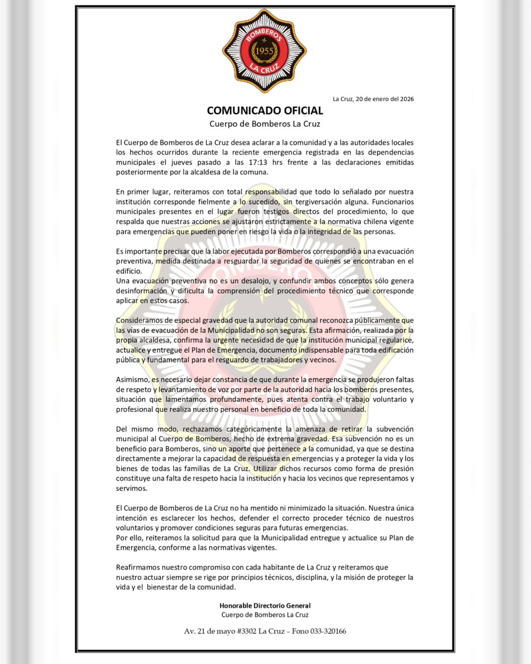 comunicado Bomberos de La Cruz