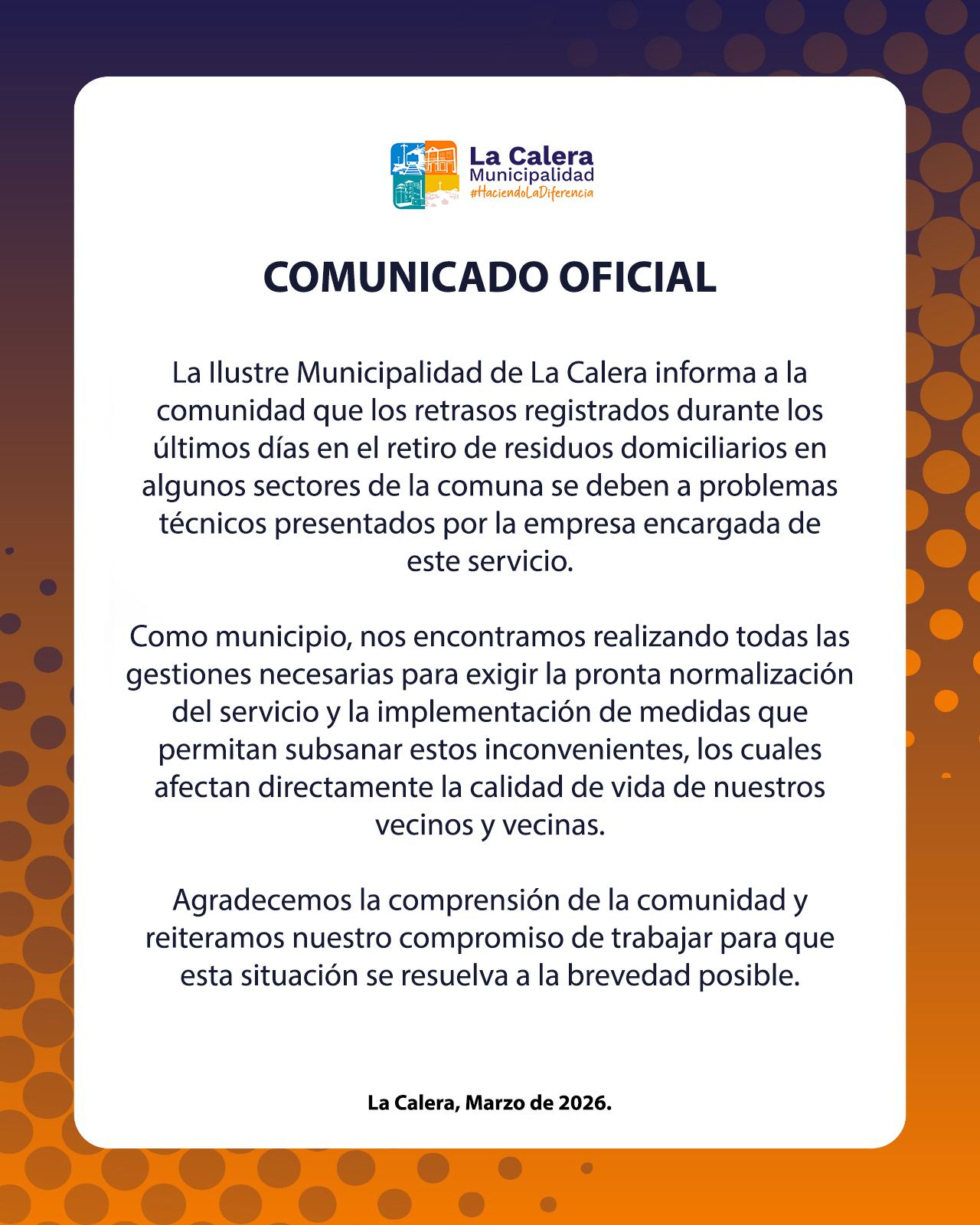 Comunicado La Calera aseo domiciliario