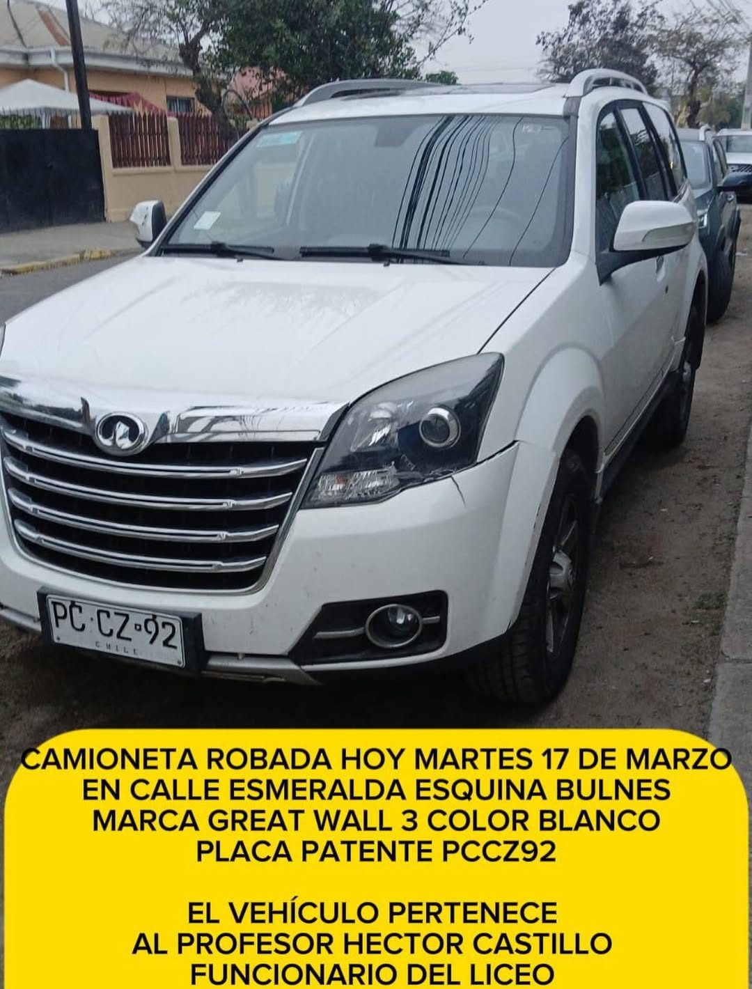 Roban la camioneta de profesor mientras estaba estacionada en la calle en Quillota