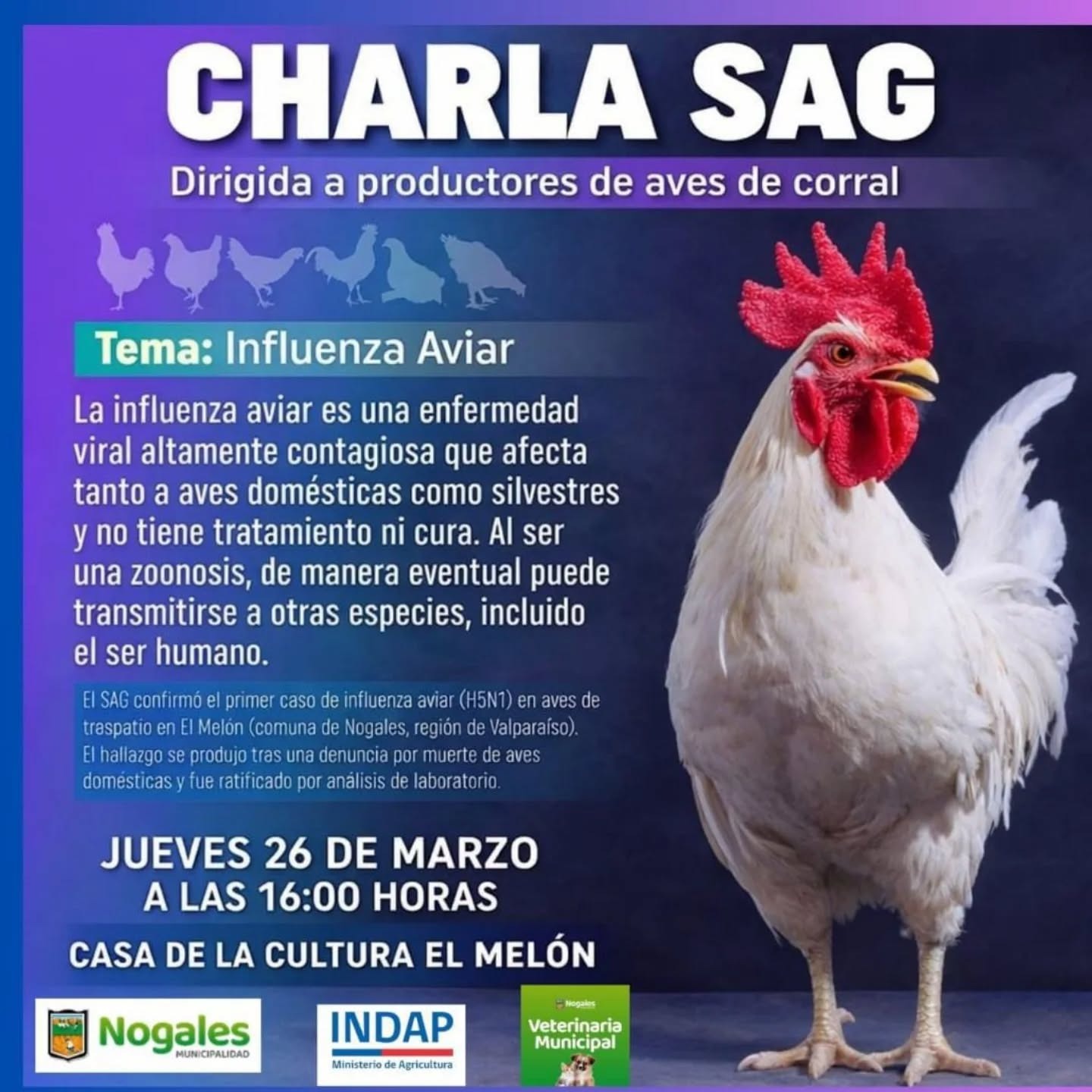 SAG dará charla informativa sobre Influenza Aviar en El Melón