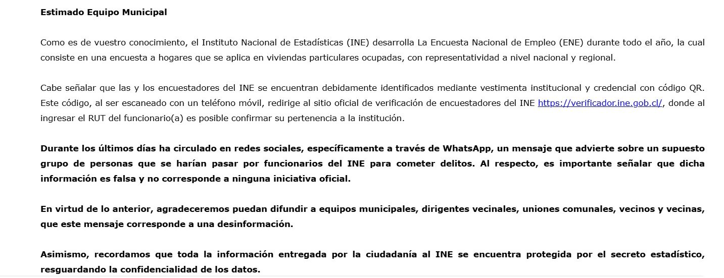 Instituto Nacional de Estadísticas aclara mensaje difundido en La Cruz a través de Whatsapp