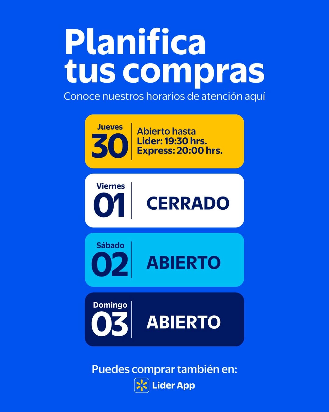 Los horarios de cierre de los supermercados en Chile este 30 de abril