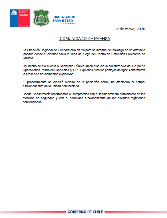 Comunicado Gendarmería explosivos en Quillota