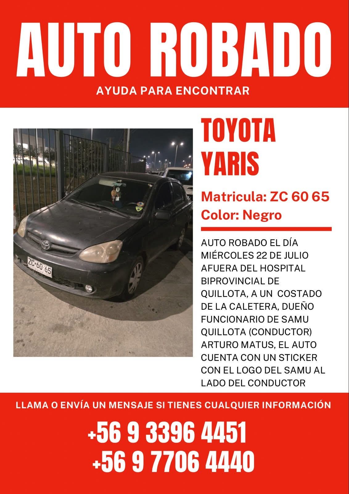 Buscan vehículo robado a trabajador del Samu en Quillota