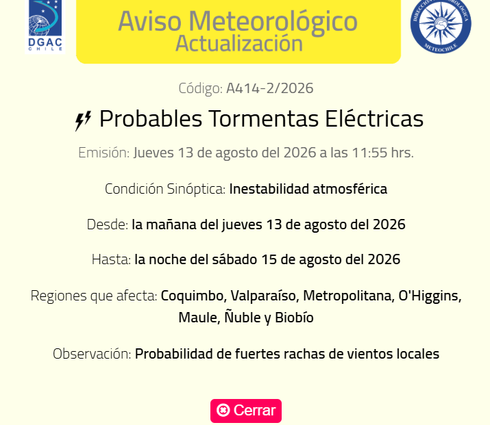 Tormentas Eléctricas en la Región de Valparaíso 2026 agosto