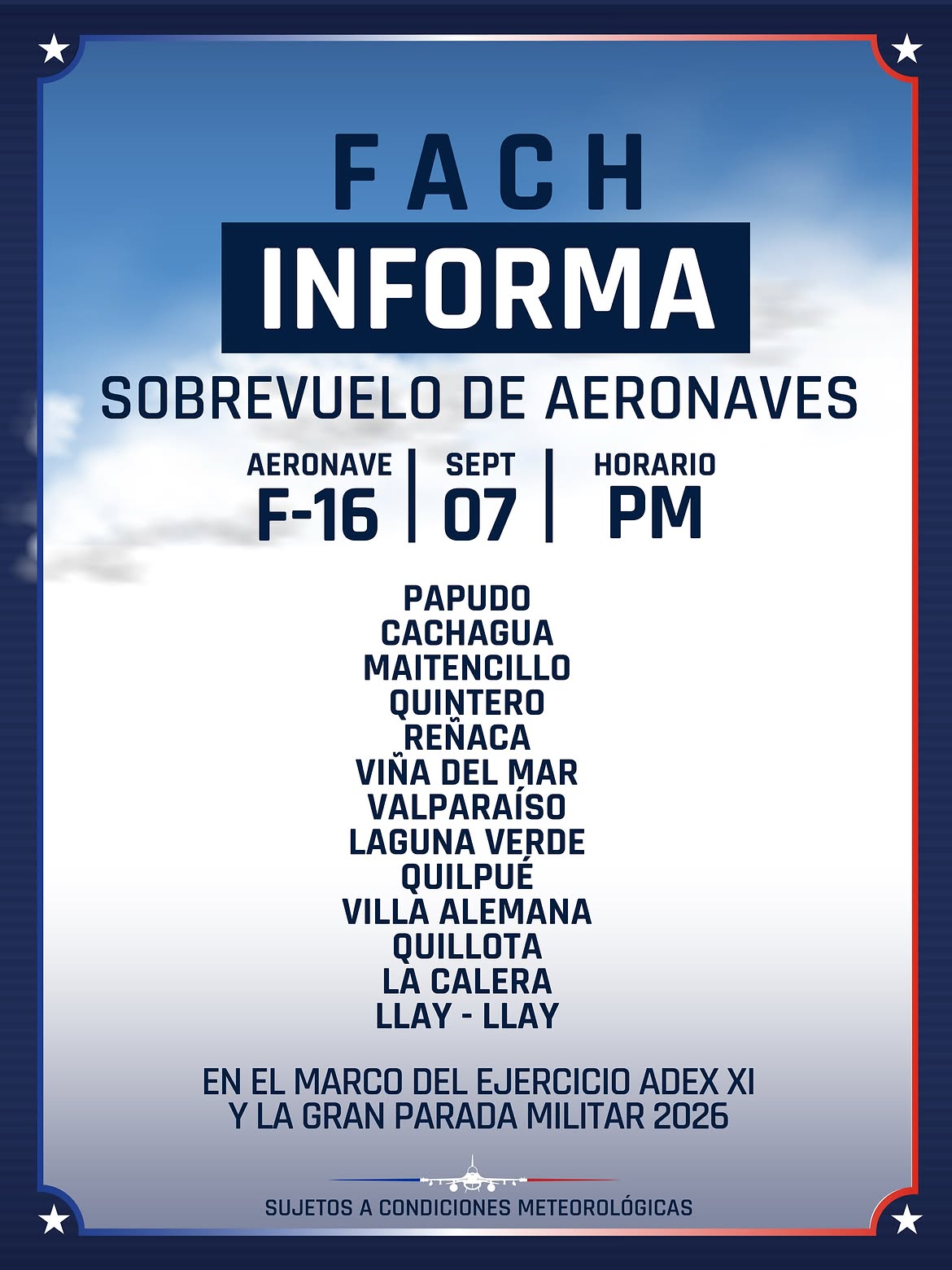 Aviones F-16 sobrevolarán estas comunas de la Región de Valparaíso