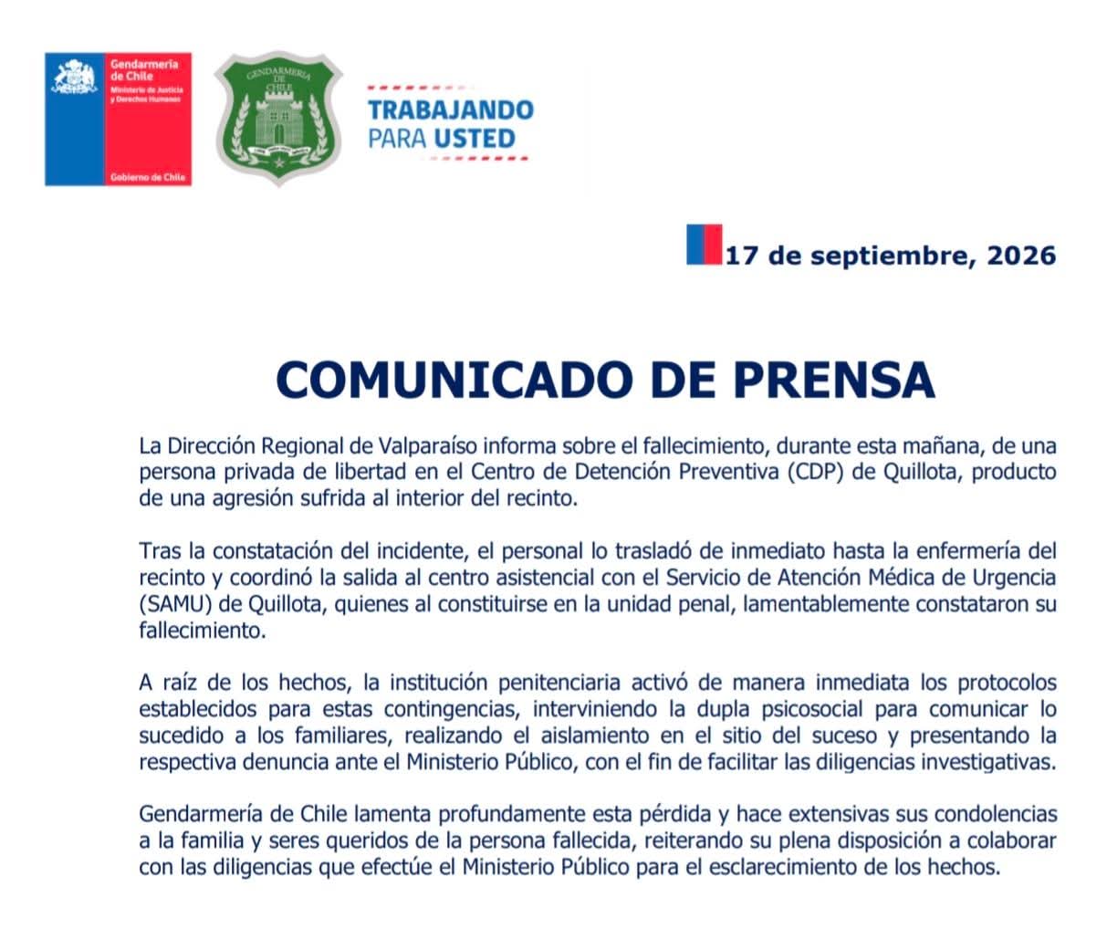 Matan a reo al interior del CDP Quillota