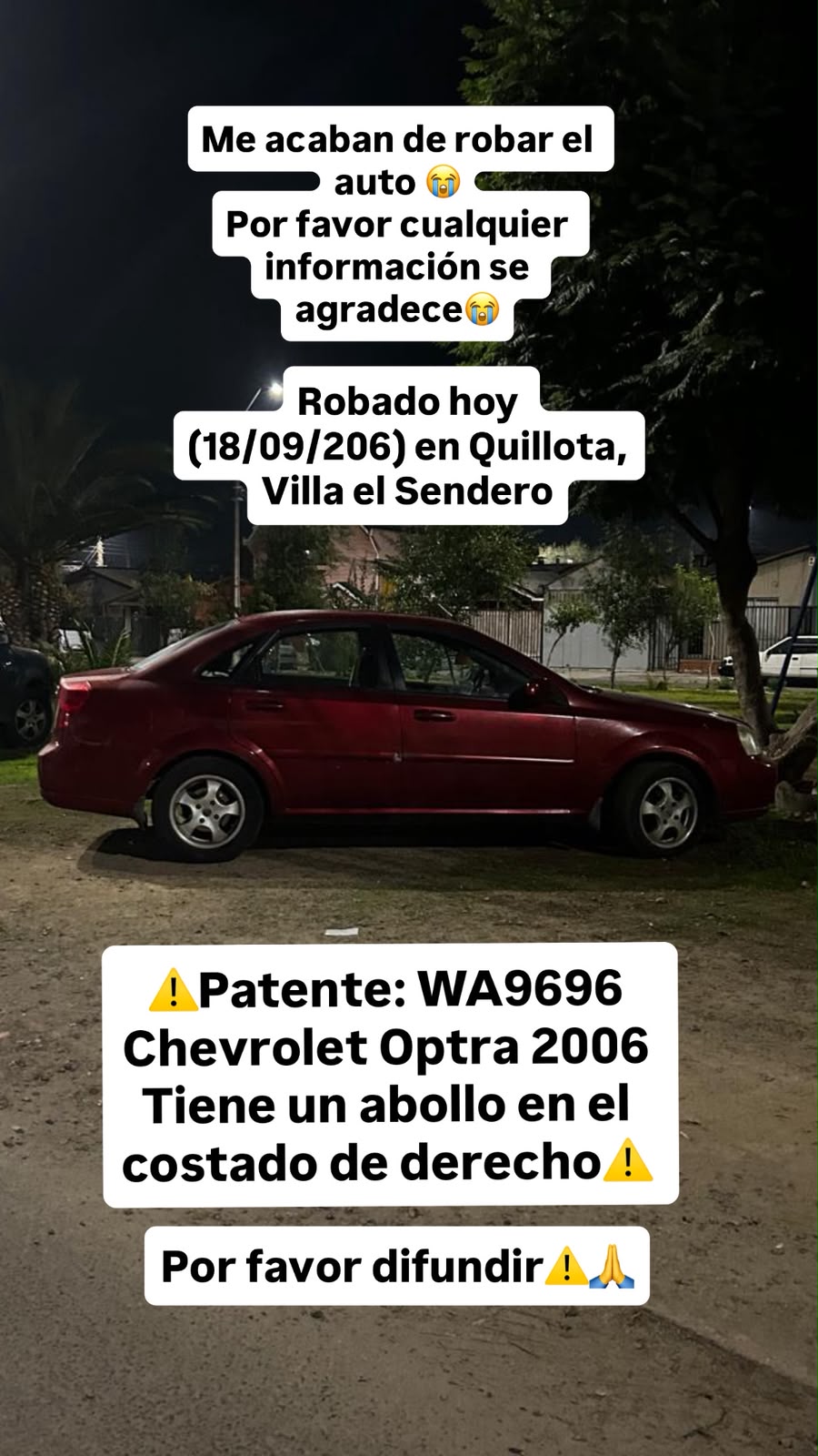 Roban auto estacionado afuera de casa en Quillota